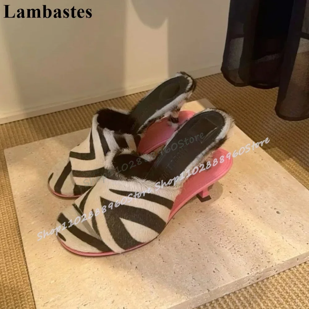 

Mixed Color Zebra Print Suede Half Slippers Strange High Heel Shoes For Women Slip On Open Toe Occidental Runway Women Slippers
