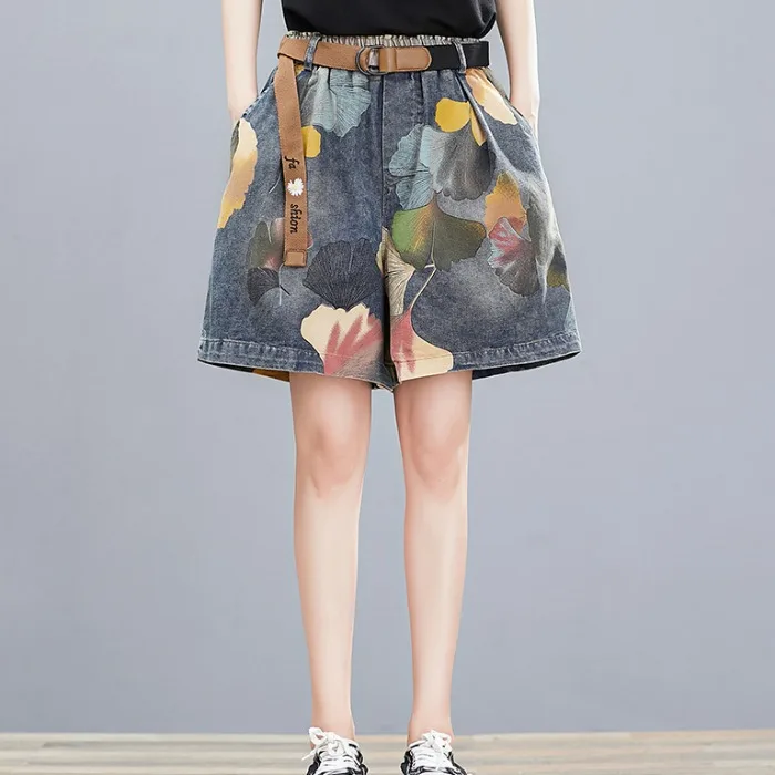 plus Size Women's Retro Artistic Print Denim Pants Elastic Waist Slimming Wide Leg orts Casual Loose Summer Sle Jeans