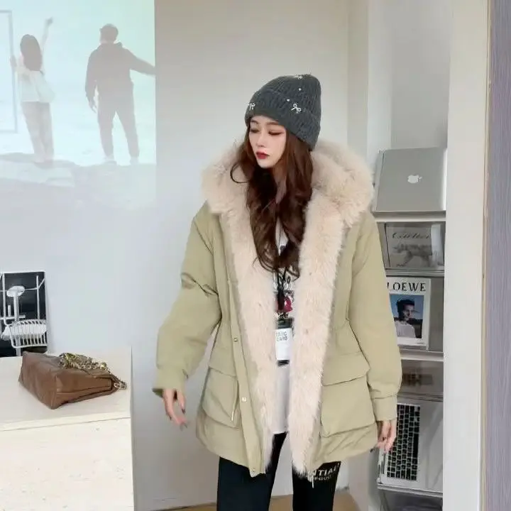 Winter New Women's Down Cotton Jacket Hooded Commuting Fake Fur Parka Workwear Cotton Jacket