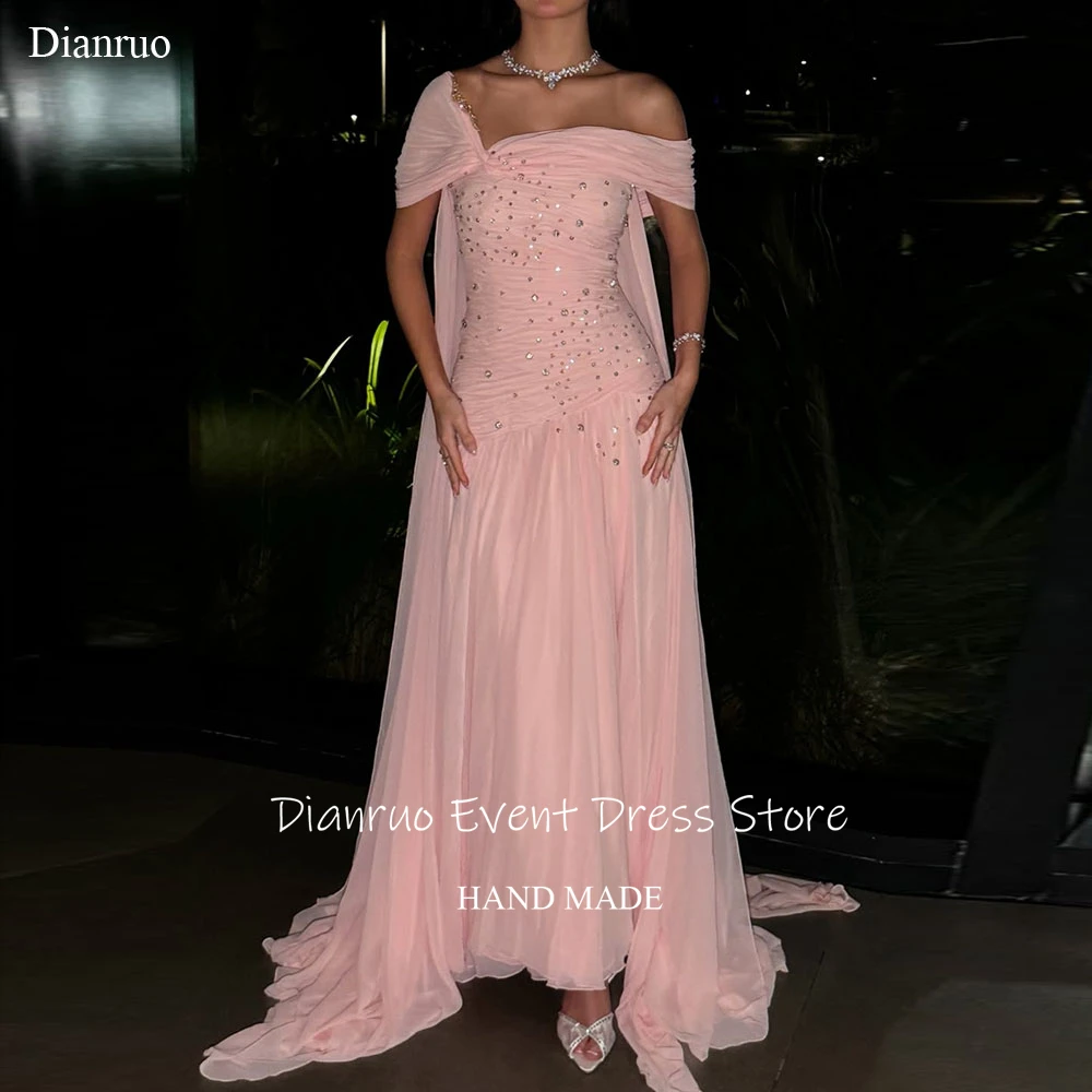 

Dianruo Asymmetric Shoulder Evening Dress Pink Ruched Prom Gowns Chiffon Gitter Beaded Crystal Robes Bal De Promo Customized