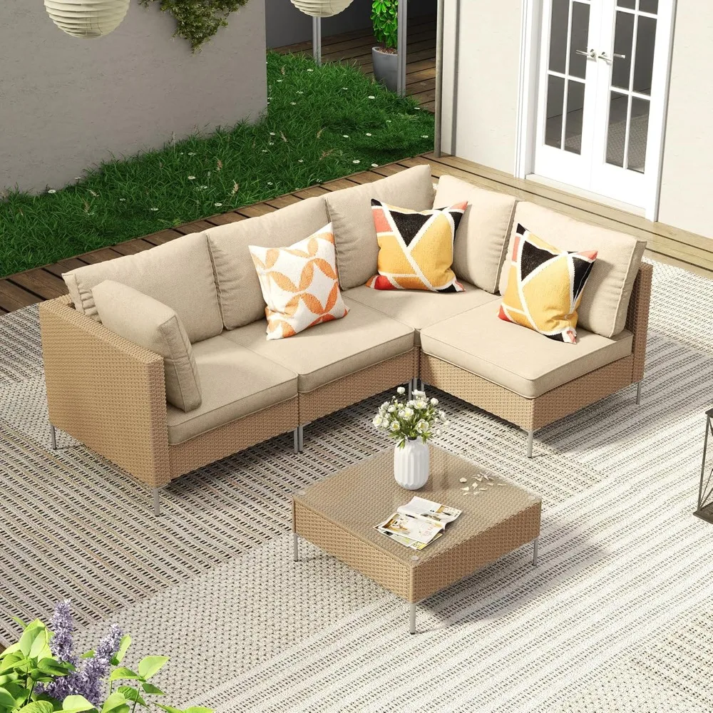 

5 Pieces Wicker Patio Furniture Set,with Cushions and Glass-top Tea Table, Outdoor Conversation Set Sectional Sofas