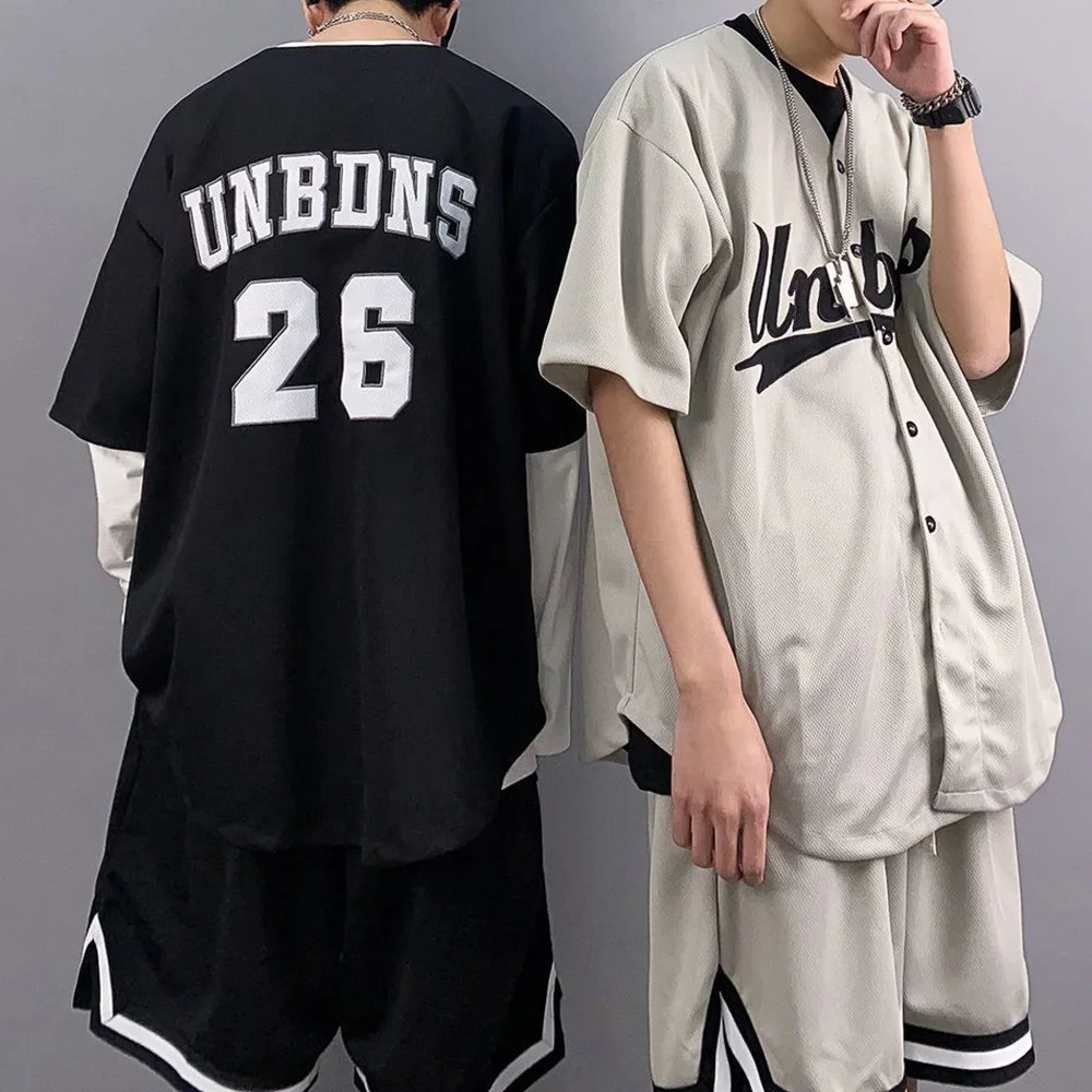 Mens Sports Suit 2024 Summer Casual Baseball Suit Short-Sleeved Loose Trendy Basketball Suit Hip-Hop Shirt Shorts Two-Piece Suit