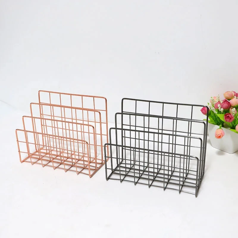 

Nordic Metal Basket Minimalist Book Organizer Basket Office Desktop Sundries Holder Rose Gold Newspaper Magazine Rack