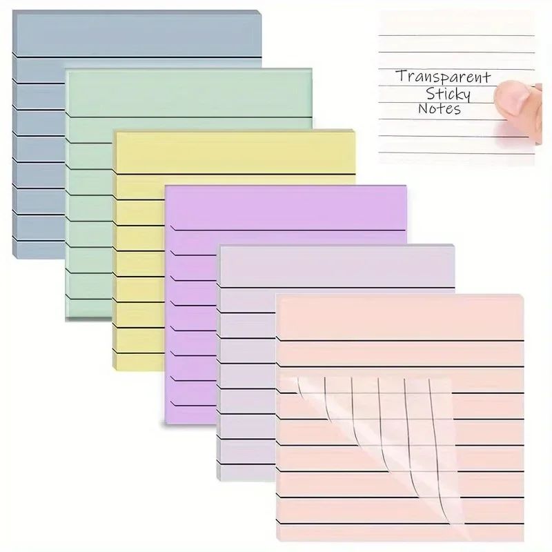 New 6pcs/set Minimalist Sticky Notes Lined Note Pad Transparent Waterproof Memo Pad Colourful Note Paper Pads Office Supplies