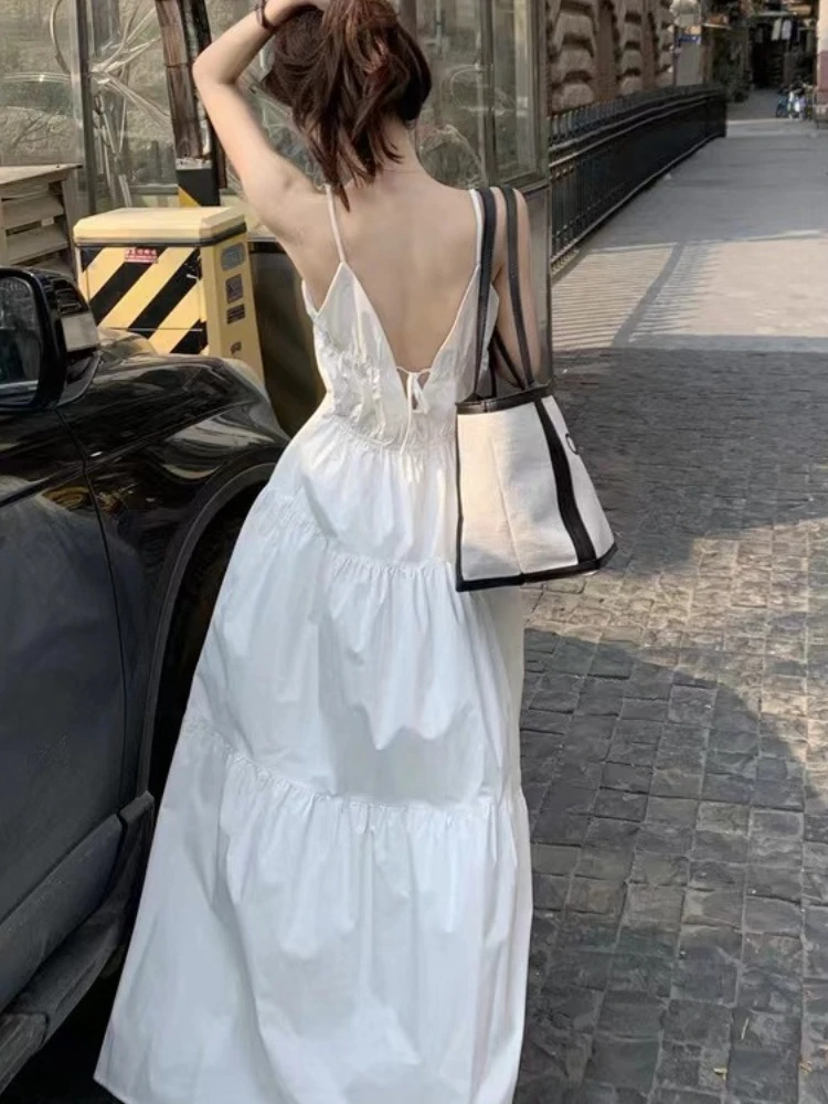 딥 브이 넥 화이트 한국 스타일 드레스 우아한 슬림 맞는 여름 드레스 독점 스파게티 스트랩 비치 맥시 휴가 여성 드레스