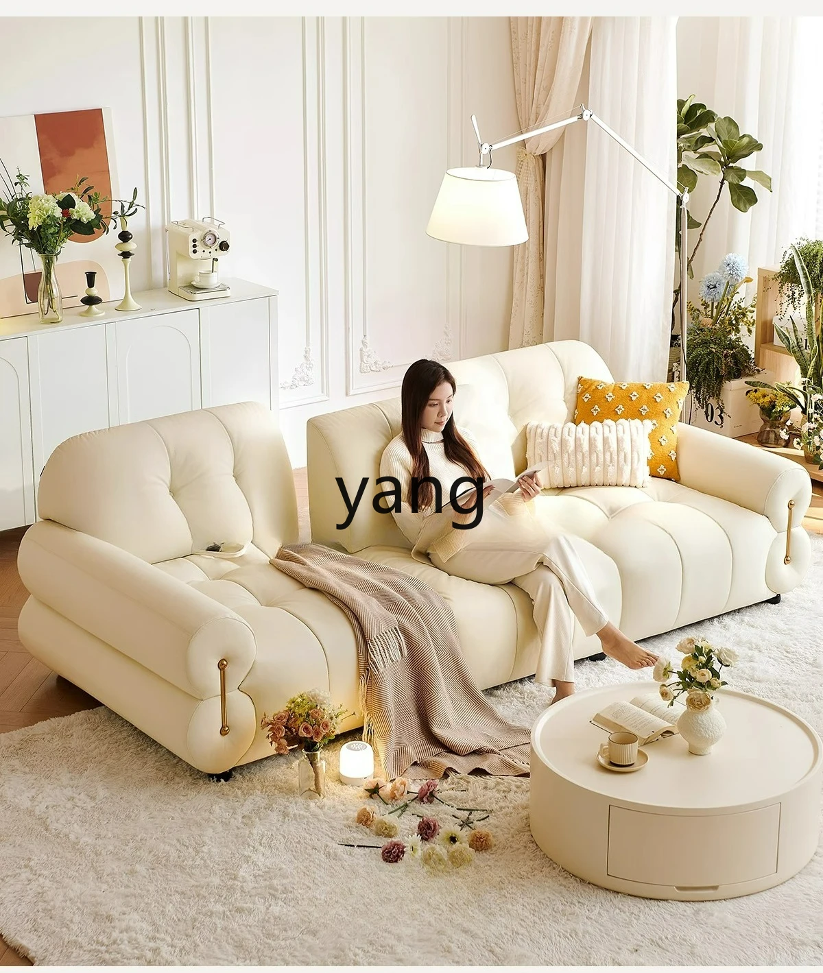 LTT Cream Wind Puff Sofa French Living Room Adjustable Backrest Super Wide Sitting Deep Leather Sofa