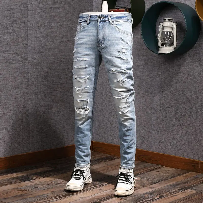 Men Jeans Bleached Washed Ripped Denim Trousers Vintage Fade‑out Destroyed Slim Tapered Casual Hip‑Hop Jeans Y2K
