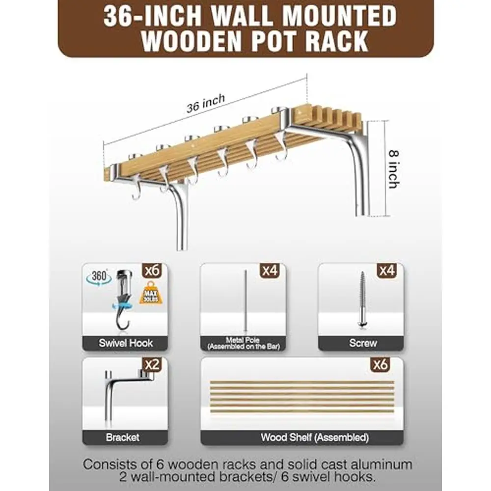 Wooden Pot Rack Organizer 36-Inch Wall Mount Shelf with Rotatable Hooks Kitchen Storage