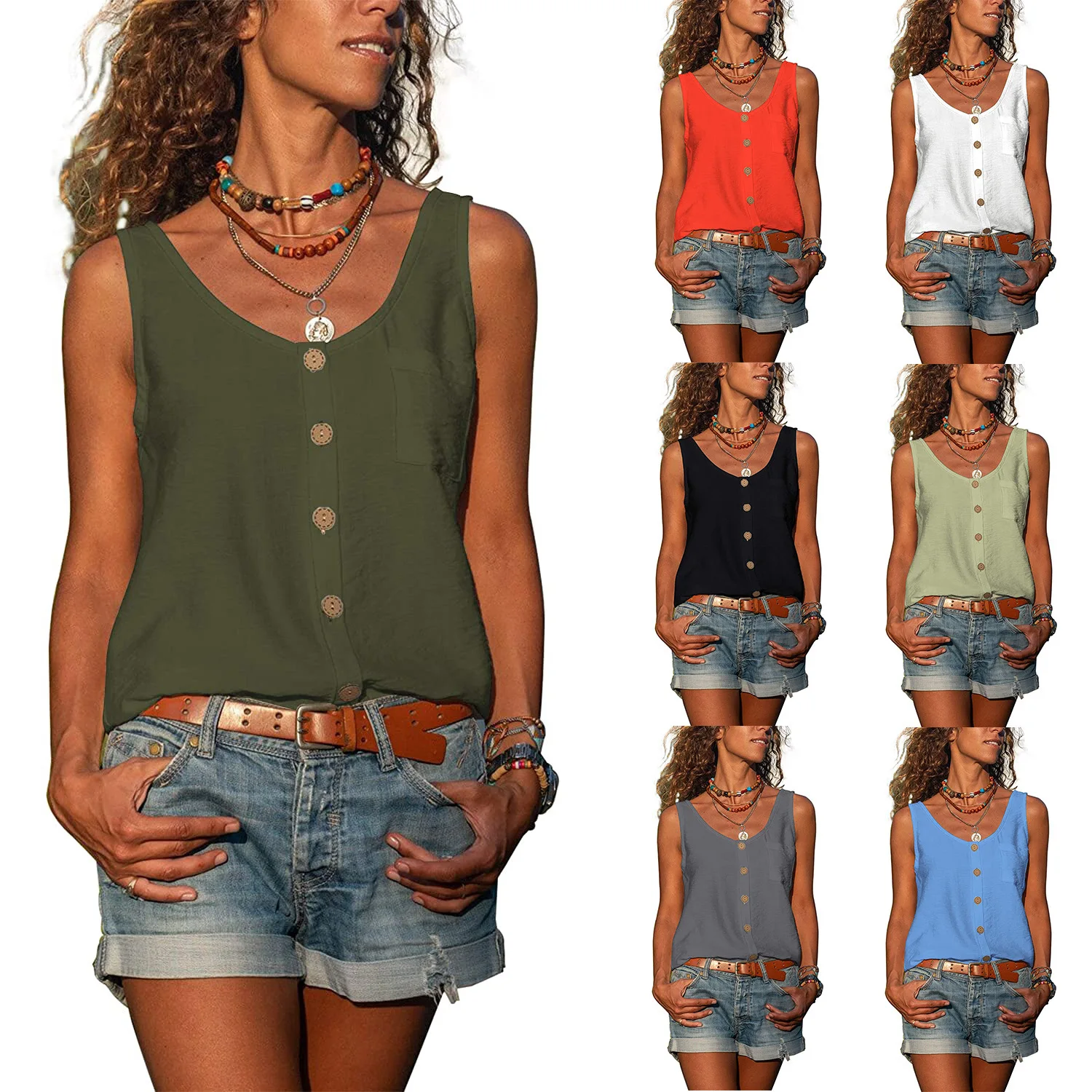 

Summer Women's Color Vne Vest irt Svel Loose Fit Button Detail Pure Color Casual irt for Ladies 25-29 Years Old