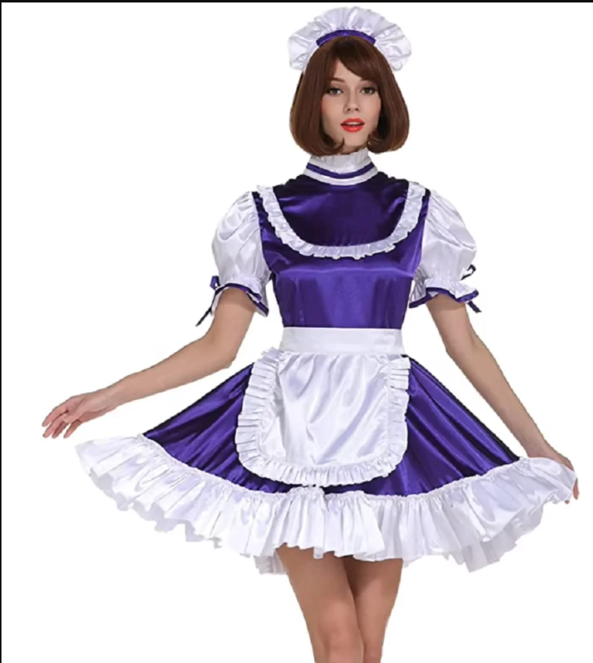 

French Crossdresser Party Daily Unisex Dress New Sissy Lockable Mid Collar Girl Adult Girl Ruffle Purple Dress Role Playing