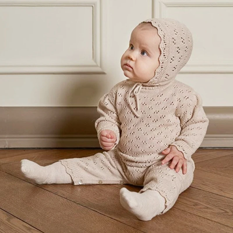 Autumn Baby Romper Cotton Knitted Newborn Boy Girl Jumpsuit Outfit Long Sleeved Infant Toddler Hollow Out Clothing Hat Onesies