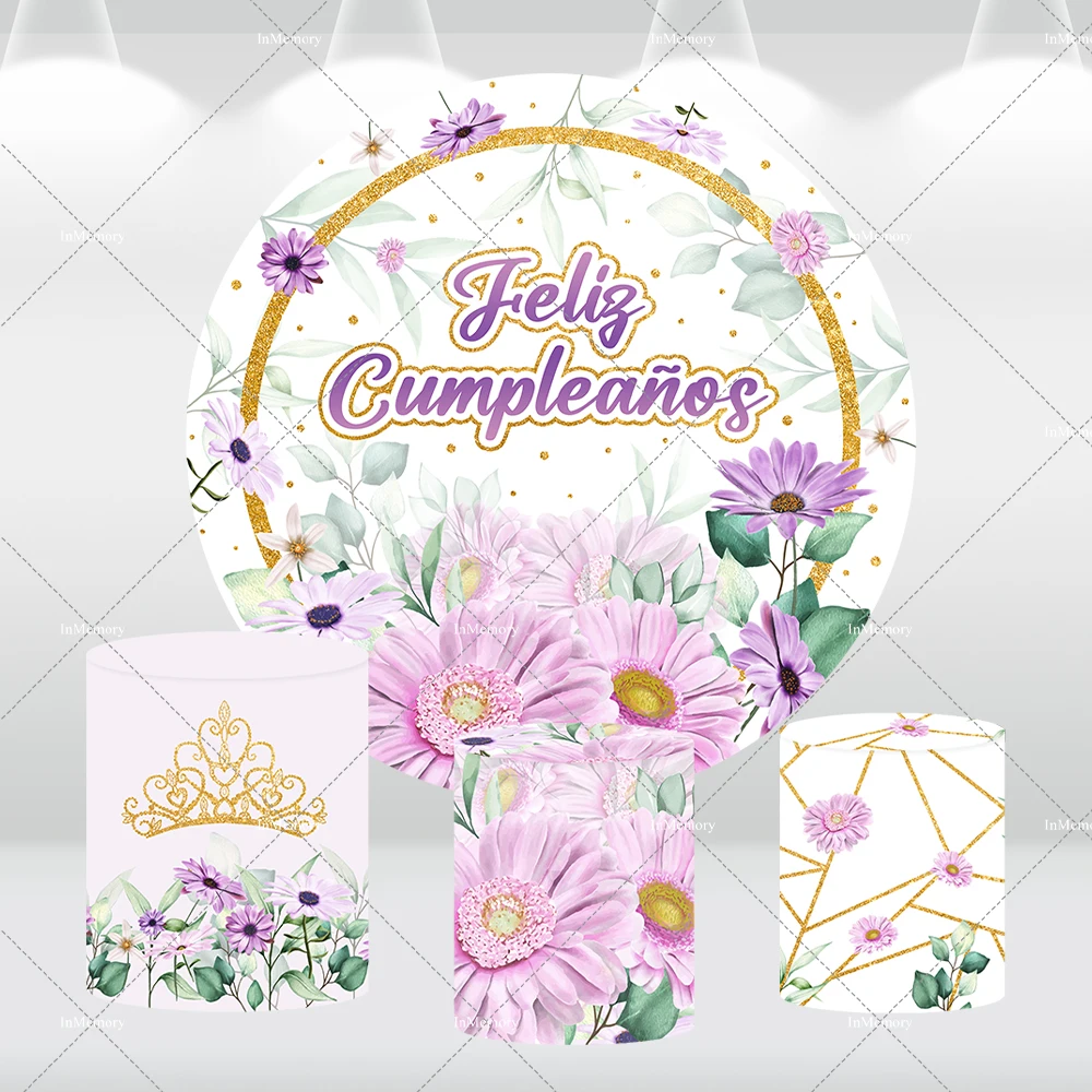 

Feliz cumpleaños Party Decoration for Woman Round Circle Backdrop Cover Purple Lilac Florals Birthday Cake Table Cylinder Covers