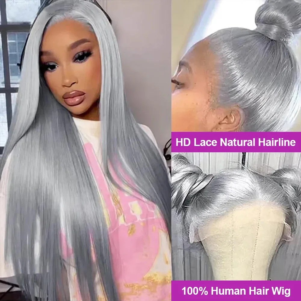 Peruki z ludzkich włosów typu lace front, kolor srebrnoszary, 13x4, idealnie proste, dla kobiet, peruka typu lace frontal 13x6 z przezroczystą koronką, wstępnie wyregulowana linia włosów z baby hair.