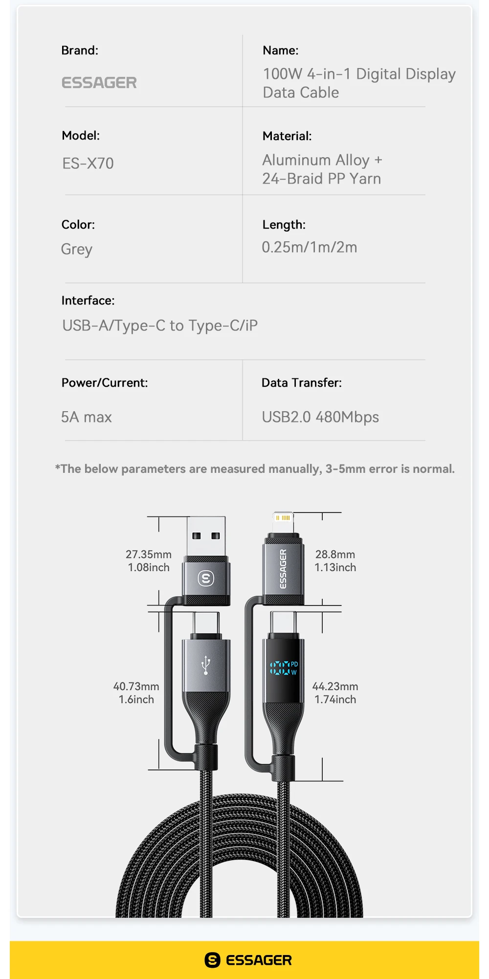 Essager 4-in-1 Typ-C-zu-Typ-C-Kabel 100W PD Schnellladekabel USB Typ-C-Kabel für iPhone 16 15 14 Pro iPad Samsung Xiaomi 15 – Detail 11