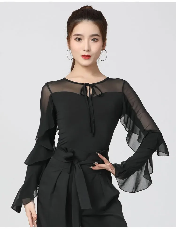 Modern Dance Top Women's New Latin Dance Ruffled Long Sleeve Body National Standard  Performance Friendship Dance Practice