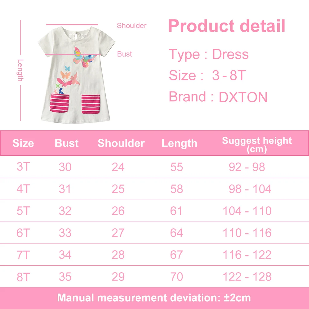 DXTON Summer Children Dresses For Girls Short Sleeve Kids Dresses with Pocket Butterfly Printed Girls Casual Cotton Clothing