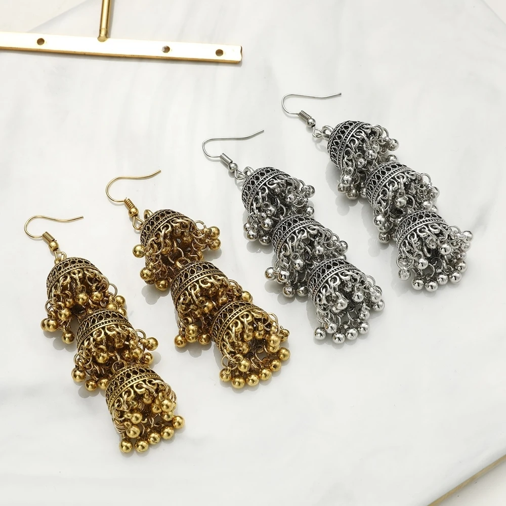 Indian Ethnic Style Earrings Jewelry For Women Retro Antique Alloy Carved Beads Bells Tassels Hanging Long Earrings