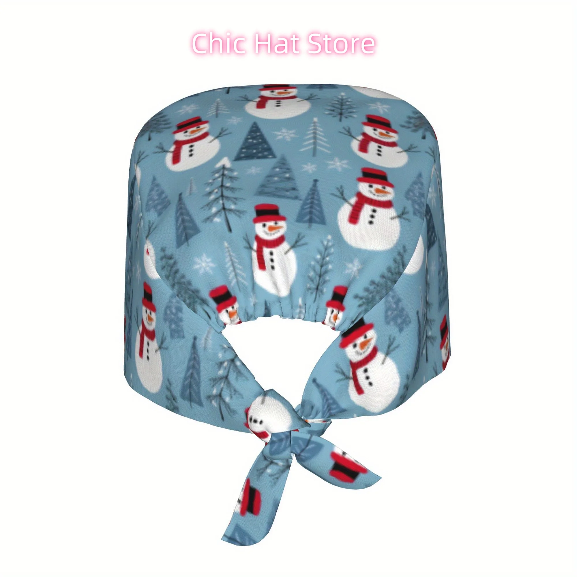 1pc Cute snowman Unisex Stylish Printed Work Cap - Lightweight Adjustable Skull Cap Tie-Back Nurse Hat, Dustproof Chef & Cooking
