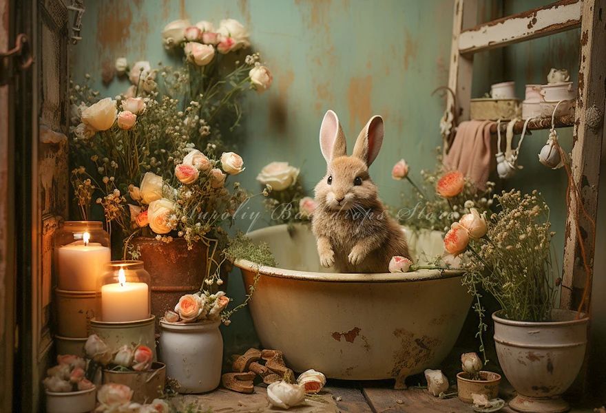 Easter Bunny Backdrop Kids Baby Cake Smash Photography Props Spring Floral Bathroom Photocall Decors Studio Backgrounds