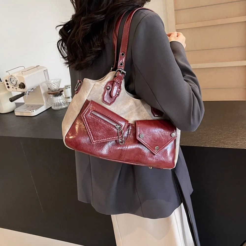 

Casual Denim Shoulder Bag Stitching PU Rivet Large Capacity Delicate Underarm Bag Women Fashion Handbag