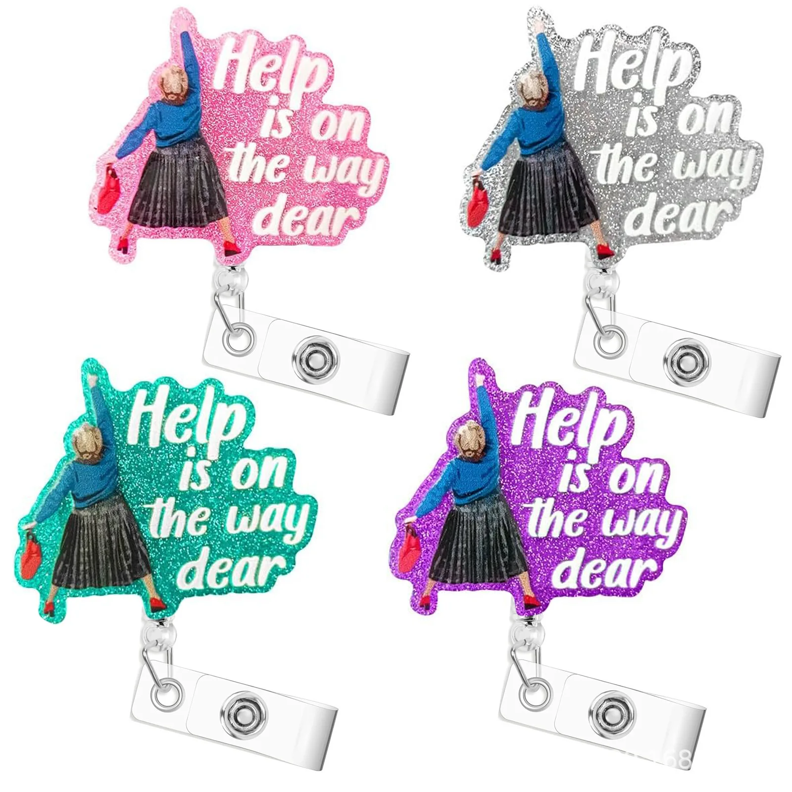 New Arrival 1 Piece Glitter Acrylic Help is on the Way Retractable Nurse Badge Reel Doctor ID Card Holder Keychains Lanyard