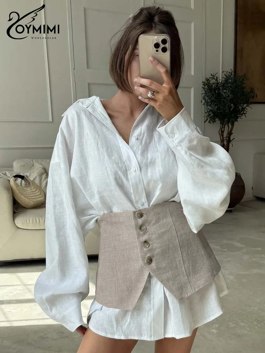 

Oymimi Women's White Linen 2 Piece Set 2026 Spring Puff Sleeve Shirts And Buttoned Waist Cincher Skirt Casual Outfit Wear Female