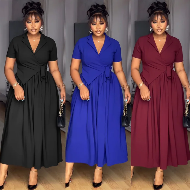 فستان طويل أنيق على شكل حرف a من Doyerl للنساء ملابس للنادي والحفلات بخصر عالٍ ورباط وياقة مدببة فساتين طويلة فيستدو عتيقة