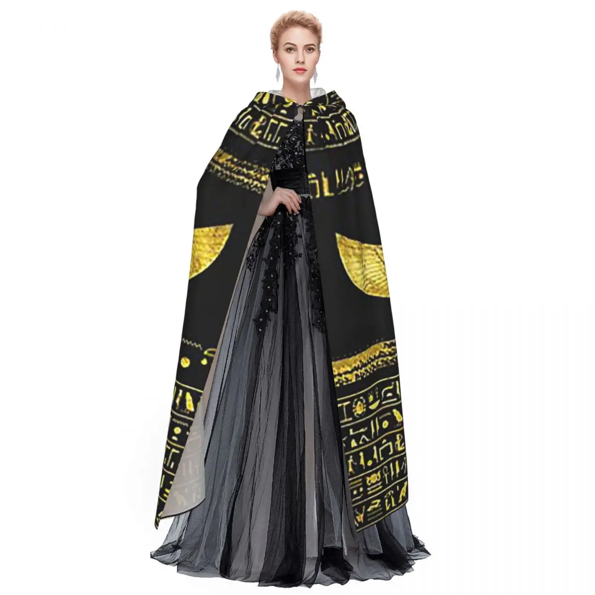 Golden Egyptian God Ornament On Black Leather Long Hooded Cloak Witch Medieval Costume Cosplay Cape HalloweenCoat Adult Unisex - Image 3