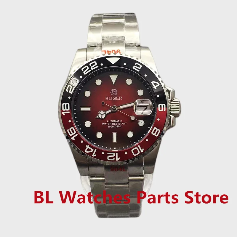 BLIGER New Men Watch 40mm Diver NH35 Automatic Mechanical Wristwatch Luminous Black&Red Ceramic Bezel Sapphire Glass Waterproof