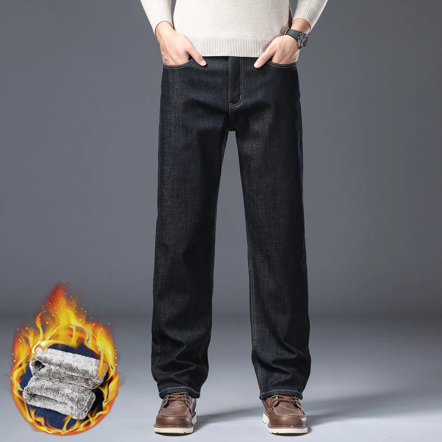 Winter Fleece Warme Jeans Mannen Business Rechte Denim Broek Pluche Massaal Werk Dikke Buiten Broek Mannelijke Plus Size 28-40