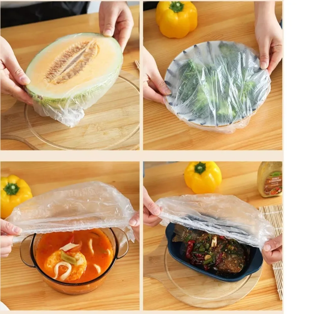 300/500 قطعة مرونة الفم غطاء للطعام القابل للتصرف أكياس بلاستيكية تمتد التفاف غشاء تغليف غطاء الطازجة حفظ منظم مطبخ