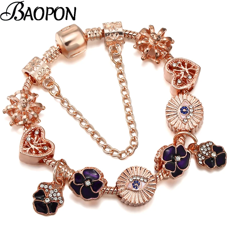 BAOPON Luxury Crystal Purple Pansy Beads Charm Bracelets With Vintage DIY Bracelet Jewelry Gift For Women Men Girl Boy Wholesale