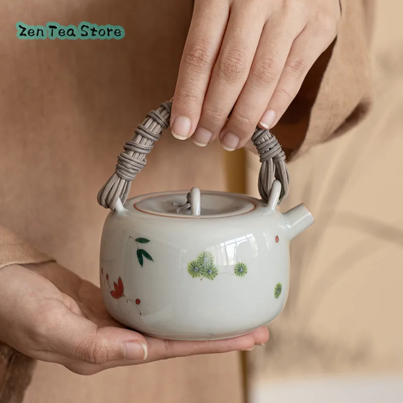 Hand-painted Under The Ancient Blue Glaze Sanyou Small Rattan Woven Lifting Beam Pot Ceramic Kung Fu Teapot Celadon Tea Infuser