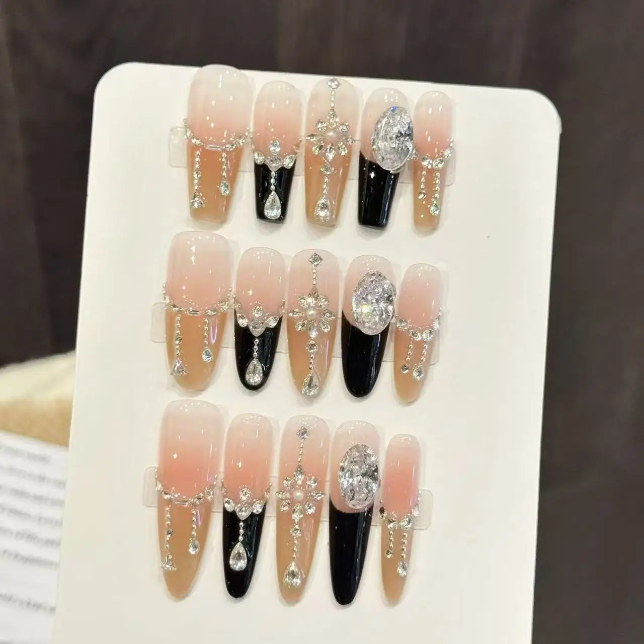 10 Stück handgemachte Nägel zum Aufdrücken, glitzernd, voller Diamanten, Dekor, künstliche Nägel, tragbar, leicht, luxuriös, Katzenauge, künstliche Nägel, schwarze französische Spitze