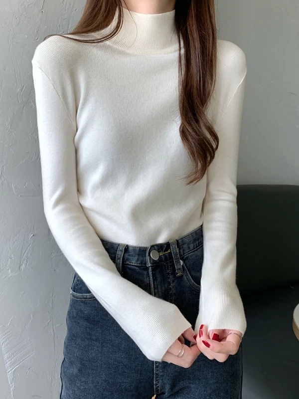 

Fashionable Knitted Long Sleeve Base Layer Shirt Women's Inner Wear Half High Collar Knit Top Spring Autumn Winter New Arrival