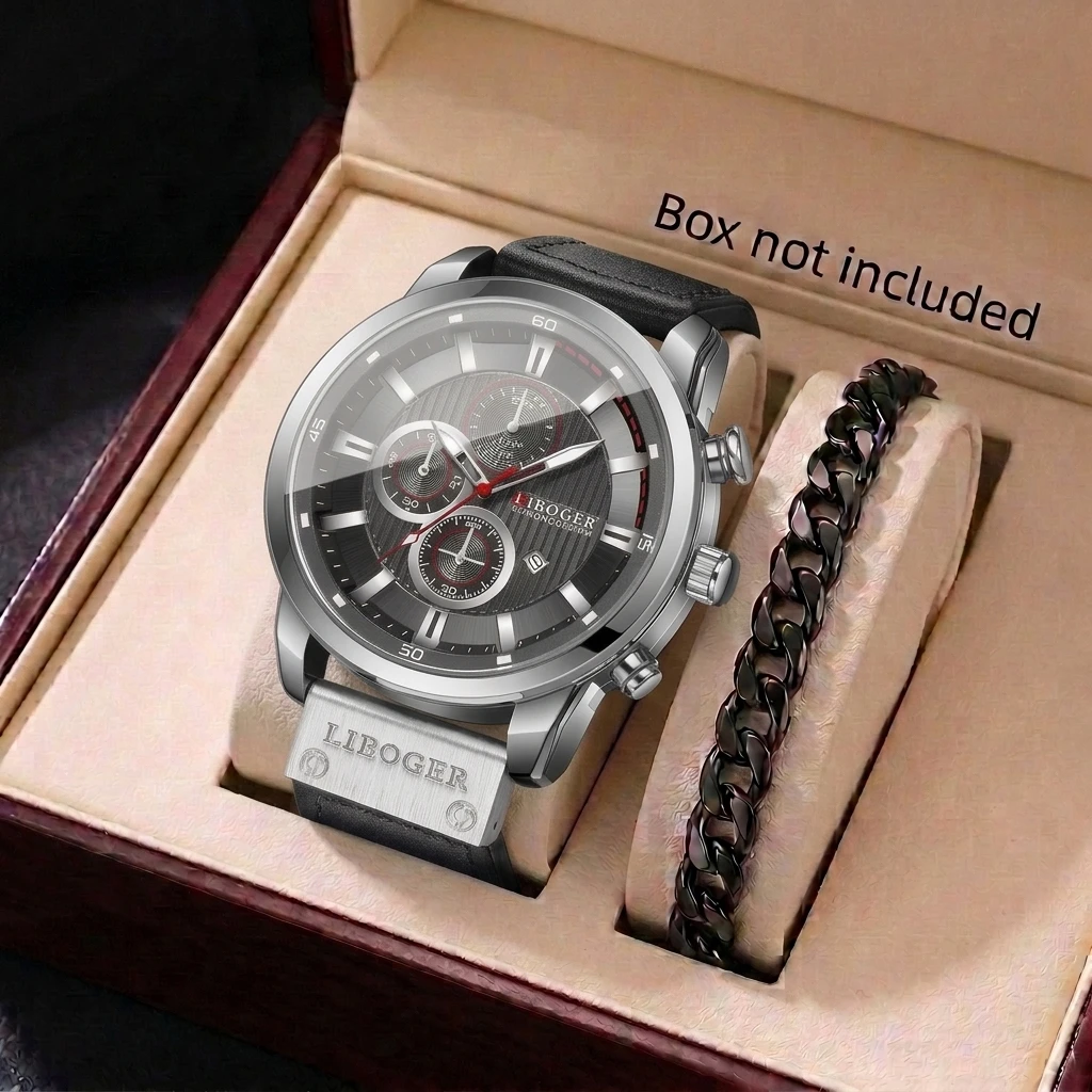 Leather Watch Band Men - 2PCS Fashion Men Calendar Quartz Watch