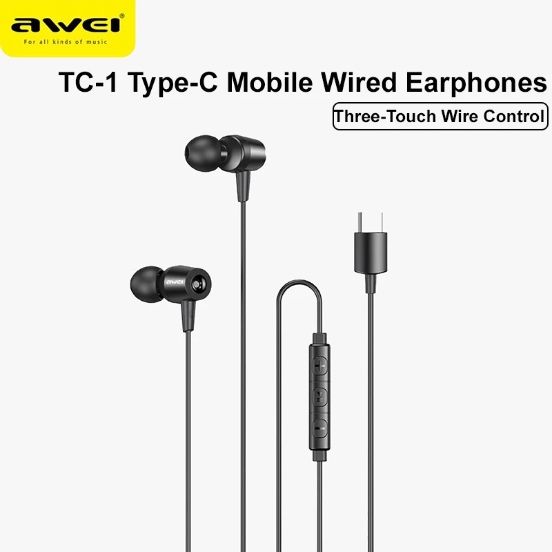 

Awei TC-1 Type-C Wired Headphones Super Bass Sport Headset Universal In-Ear Earphones Hands Free with Mic For Smartphones