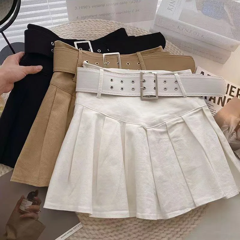 Fashion Belt Pleated Mini Skirt Women Sexy High Waist Casual Sweet Skirts Summer Chic Solid Simple Female Dance A Line Skirt New