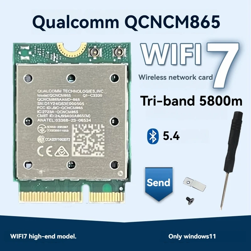 Tri Band Wifi7 QCNCM865 Bluetooth 5.4 Wireless Wifi Card Tri Band 2.4G/5G/6Ghz Network Wireless Adapter For Win11