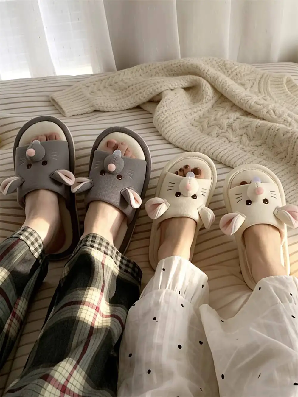

Unsiex Linen Slippers 2026 New Women's Cute Cartoon Pink Ear Mouse Cotton Slippers Breathable Soft Sole Bedroom Floor Shoes
