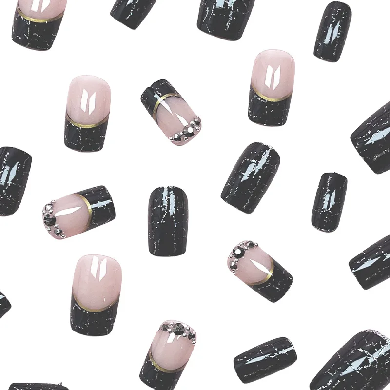 24Pcs Fake Nail Minimalist Everyday Black French Crackle Design with Glitter and Rhinestones Perfect Gift for Women and Friends