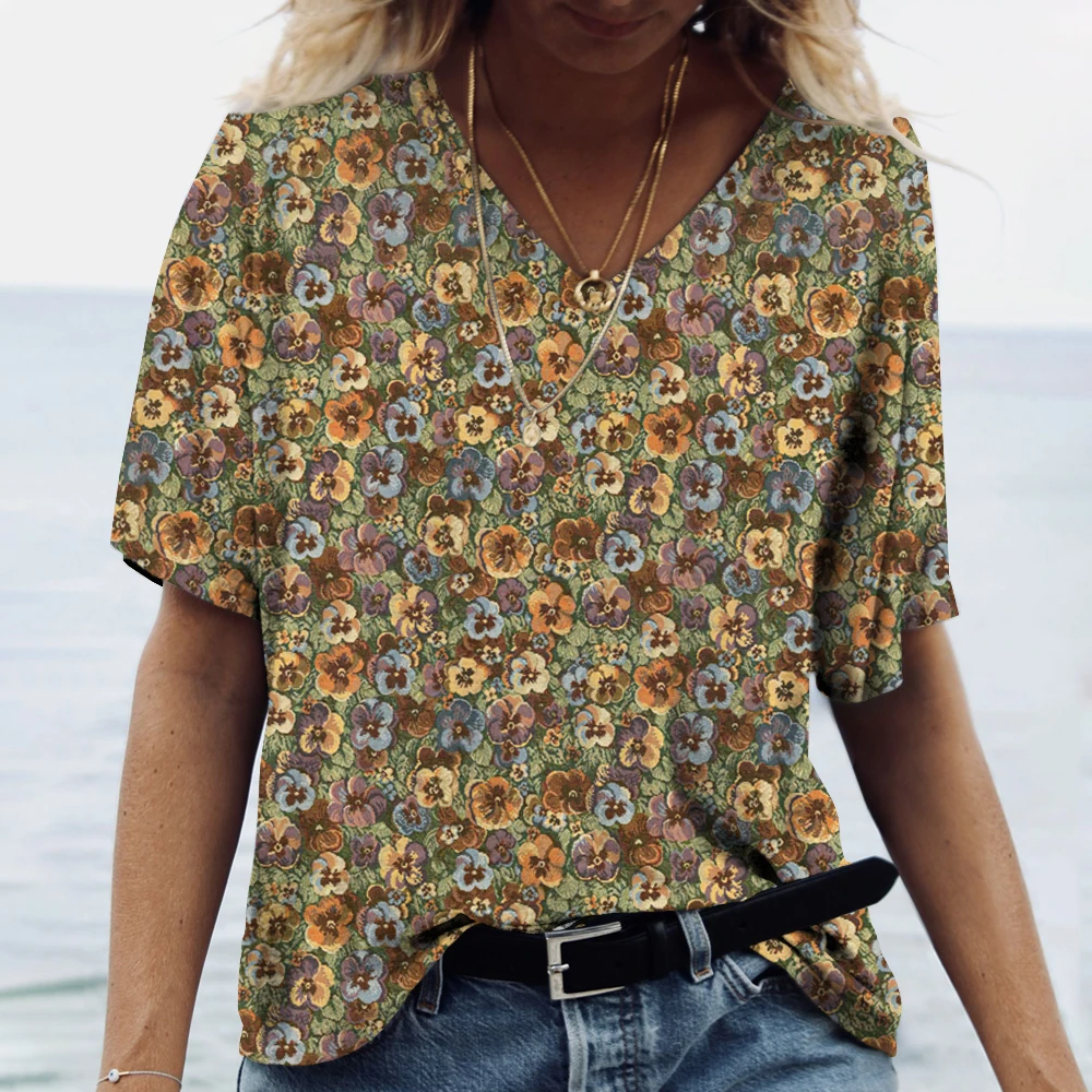 2024 new Fashion T-Shirt Women\'s Floral Print Y2k Casual V-Neck Short Sleeve Tees Loose Retro Versatile Female Clothing Top