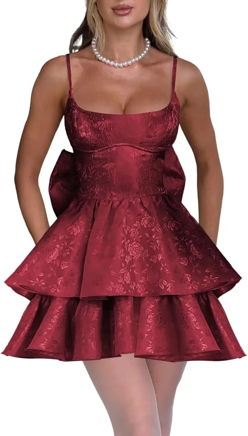 

Spaghetti Straps Homecoming Dresses with Bow Jacquard Floral Satin A Line Midi Formal Cocktail Dresses Above Knee , Mini