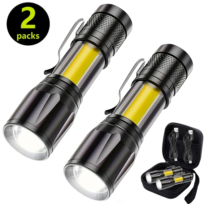 Powerful Mini LED Flashlight COB+XPE Zoom Torch Built In Battery USB Rechargeable Light Outdoor Portable Camping Emergency Lamp