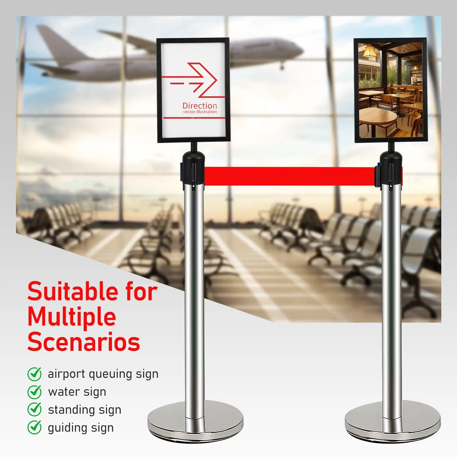 Isolation Column Card Insert Easel Stand A4 Black Vertical Sign Holder Stanchion Stainless Steel Crowd Control Queue Barrier