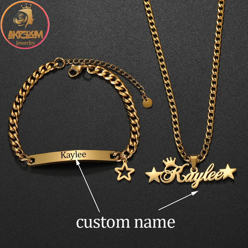

Akizoom Punk Engrave Name Crown Necklace Bracelet Stainless Steel Personalized Name Jewelry Set for Women Man Birthday Gift