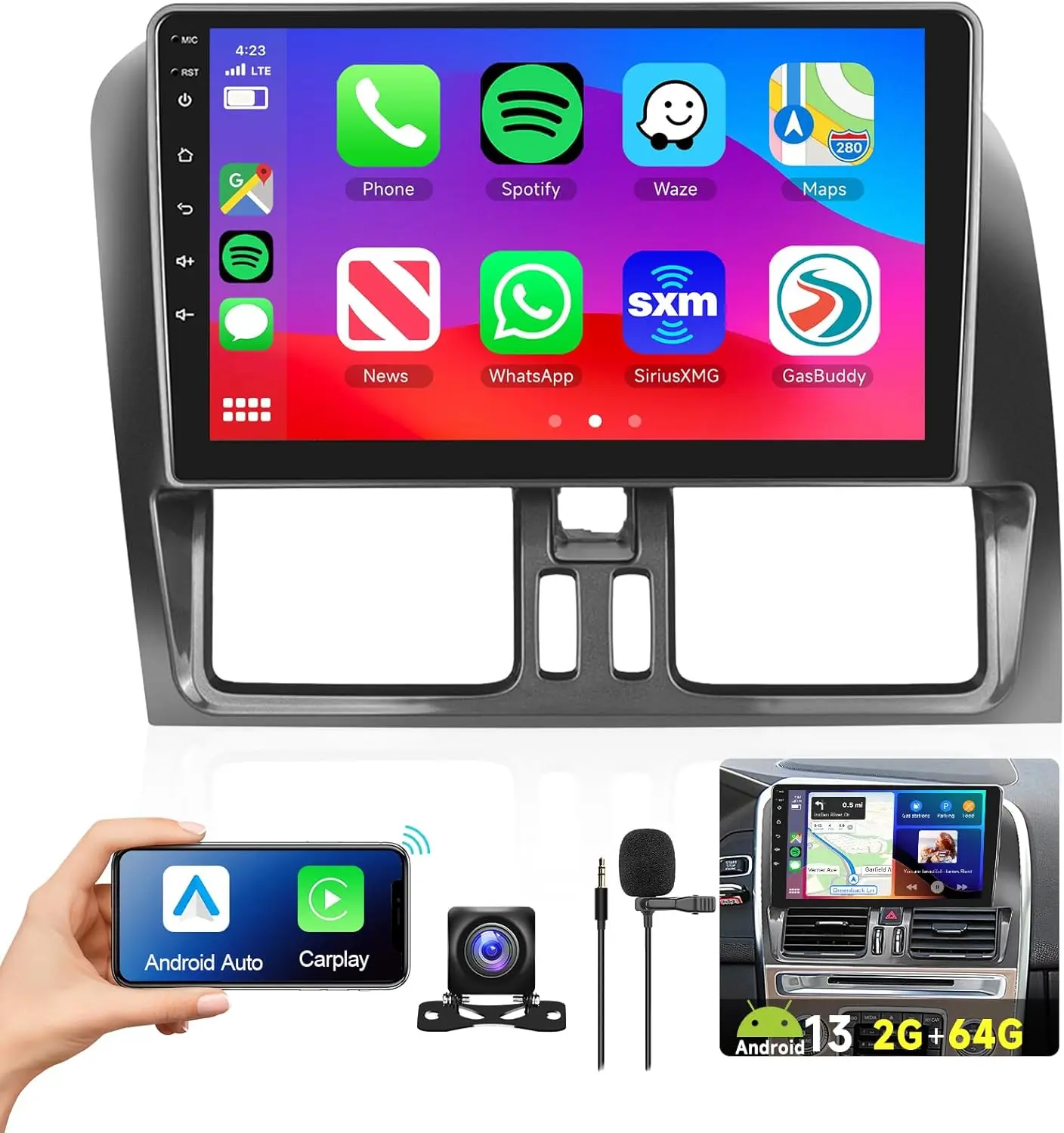 

Car Stereo Radio GPS Navigation Carplay WiFi Bluetooth Compatible forVolvo XC60 2009-2012 9inch Android 13