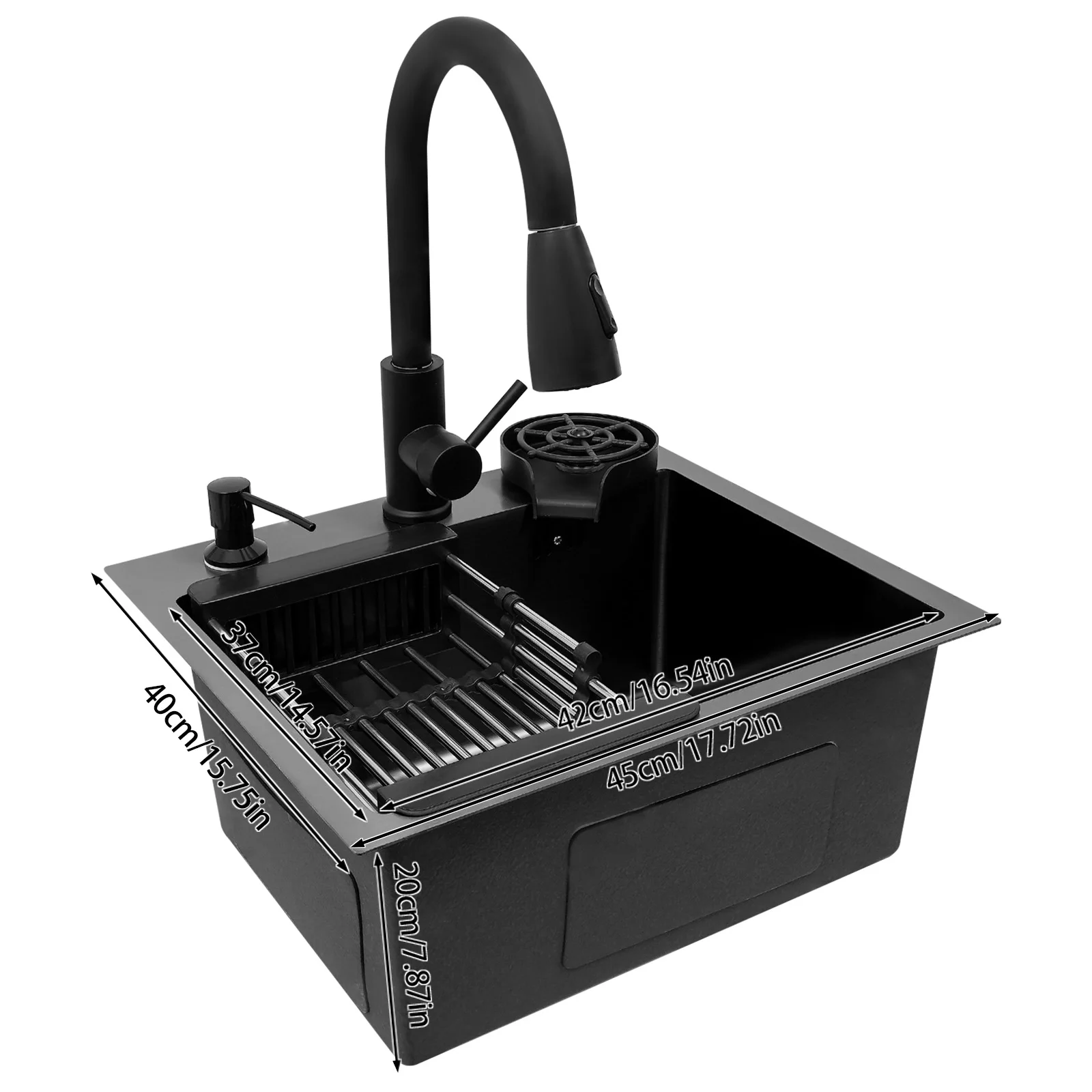 Fregadero de cocina con grifo extensible y enjuagador de tazas, 1 cubeta, fregadero empotrado, incluye tubo de desagüe, dispensador de jabón, cesta coladora, negro