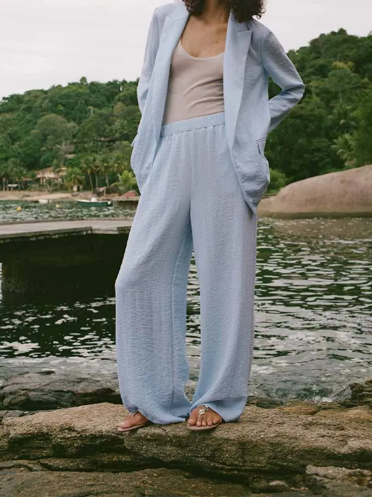 

European style new women's fashion temperament pleated effect open-front suit jacket wide-leg pants suit