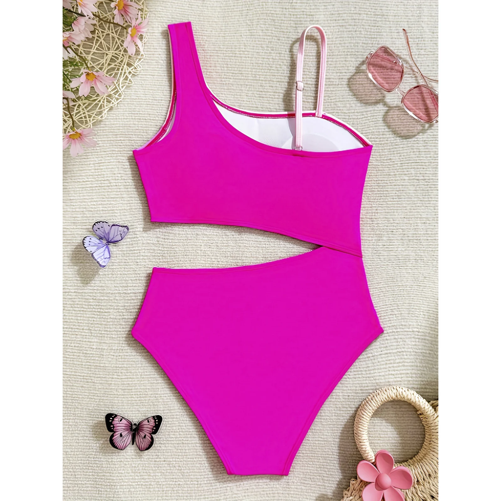 Girls One Piece Swimsuit Kids Color Blocking Striped Asymmetrical Shoulders Hollow Out Bathing Suit Swimwear for Pool and Beach